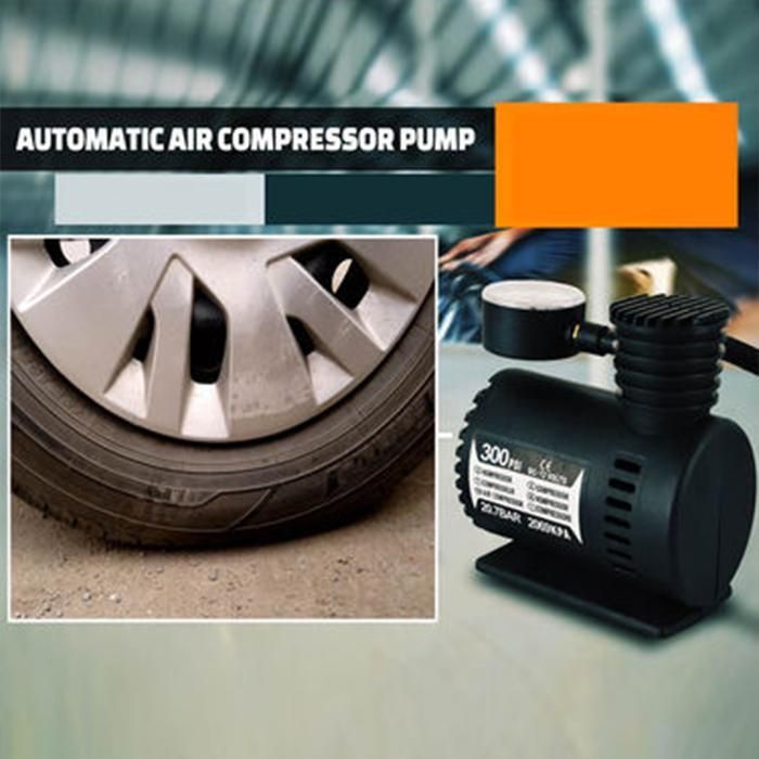 Automatic air compressor pump with close-up of tire and pump on a blurred background
