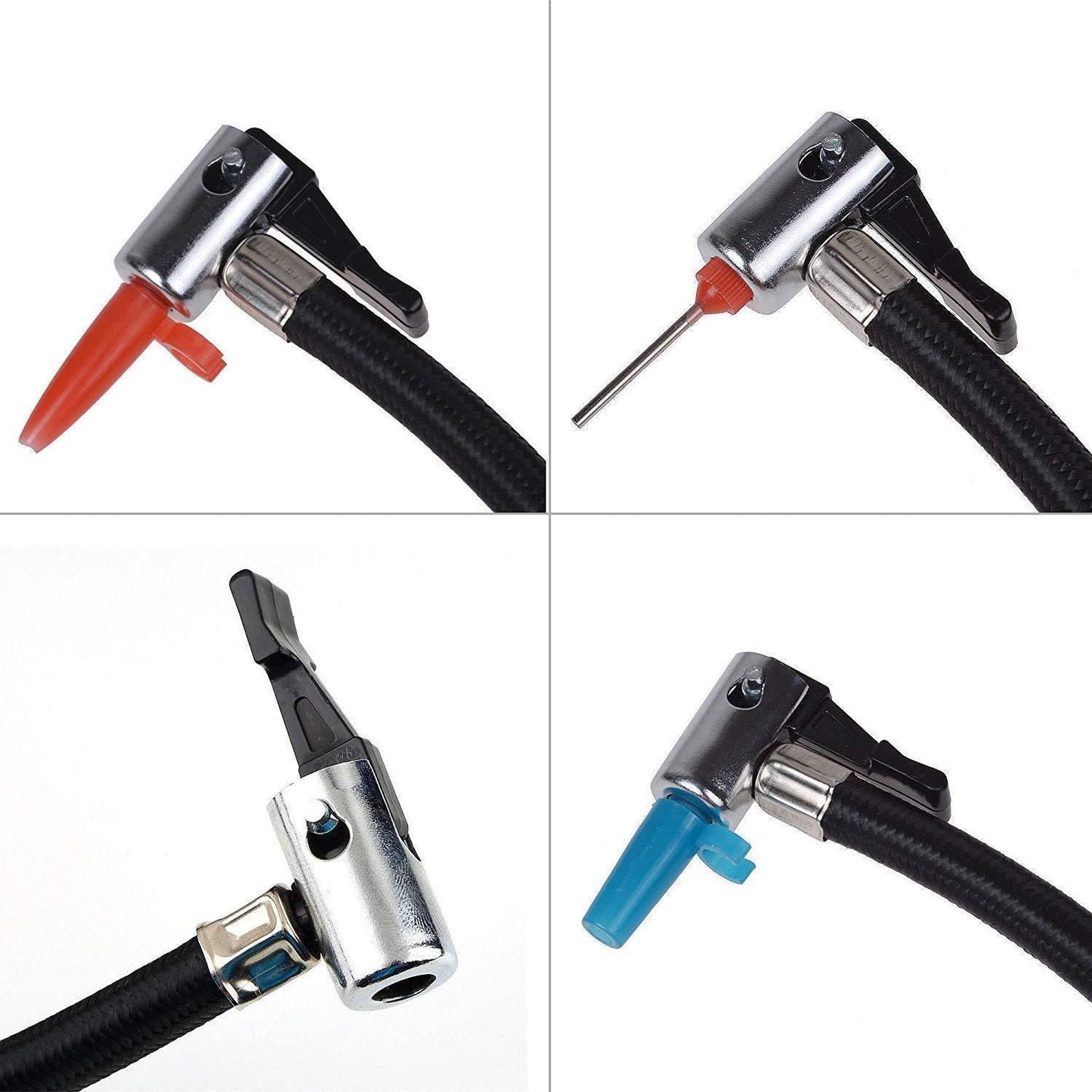 Four views of a hose connector with different colored nozzles on a white background