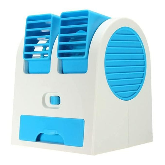 Small blue and white portable air conditioner on a white background