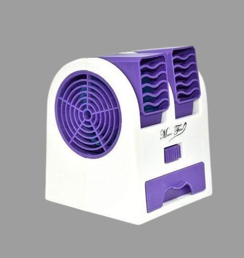 Small portable air conditioner with purple accents on a gray background