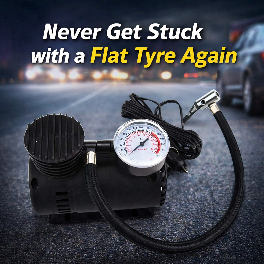 Car air compressor with pressure gauge on a road at night, with text 'Never Get Stuck with a Flat Tyre Again'.